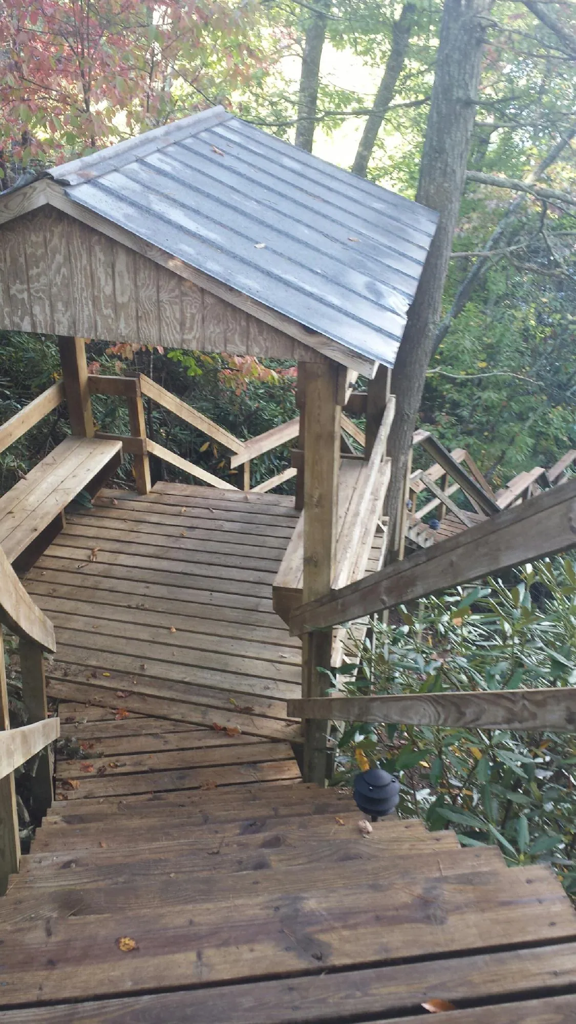 Metal roofed shelter over wooden steps on a wooded walkway — Skylight Repair & Installation work by our crew in Gayville